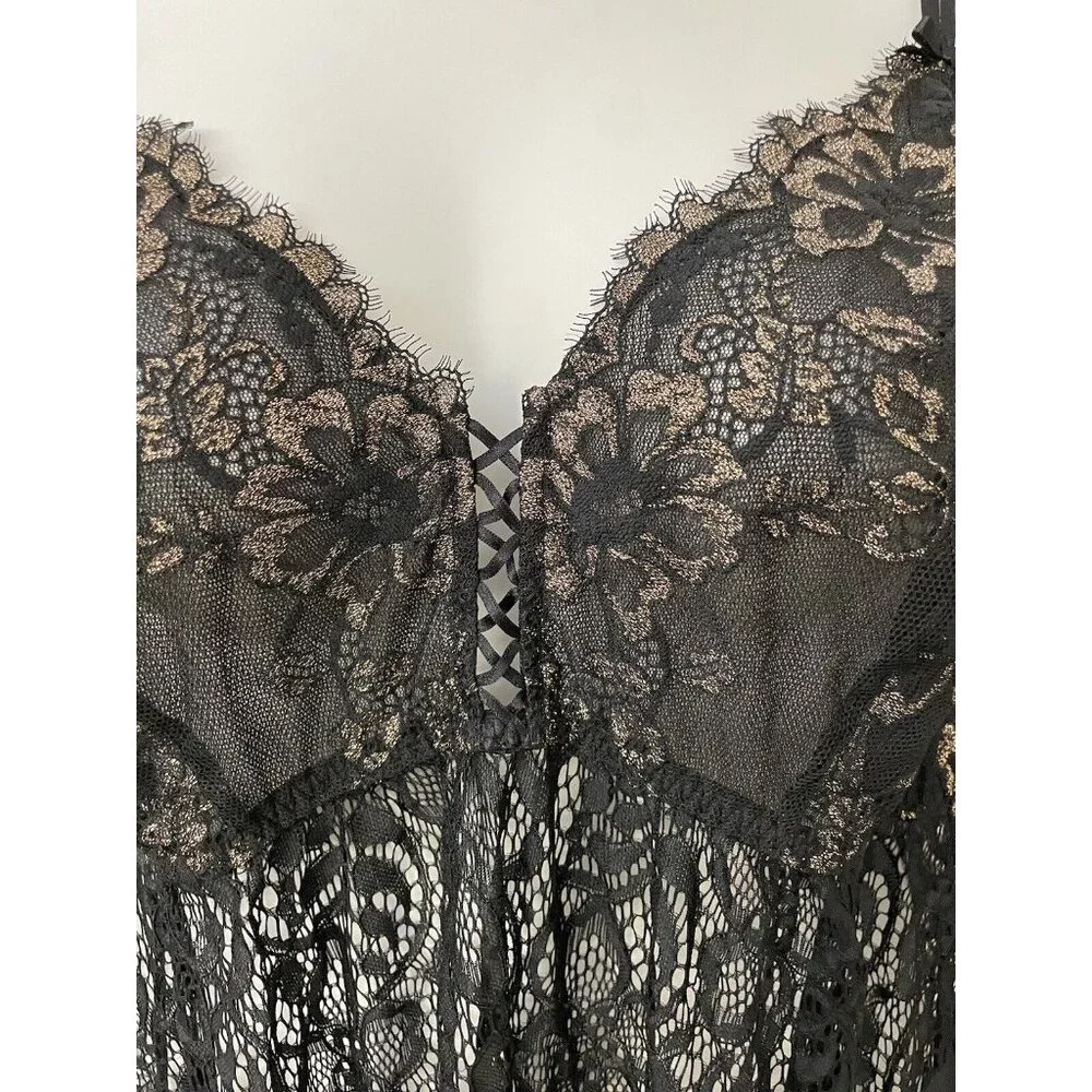 Cacique Black And Gold Lace Teddy Neglige‎ Set Size 22/24 Sexy Sheer New W Tag